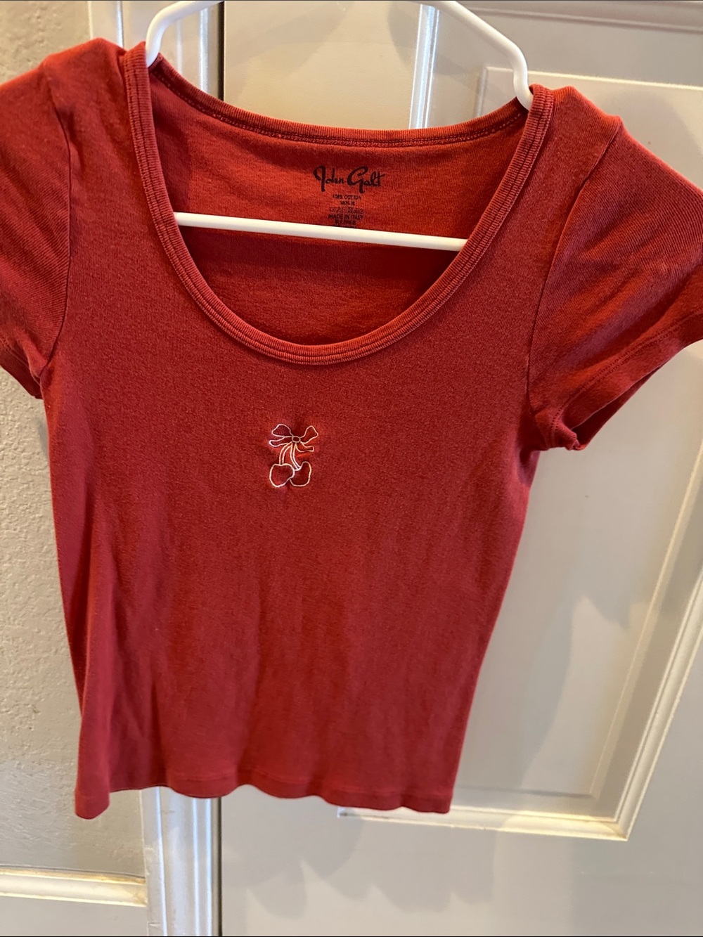 Brandy Melville Red Scoop Neck Tee with Cherry Embroidery